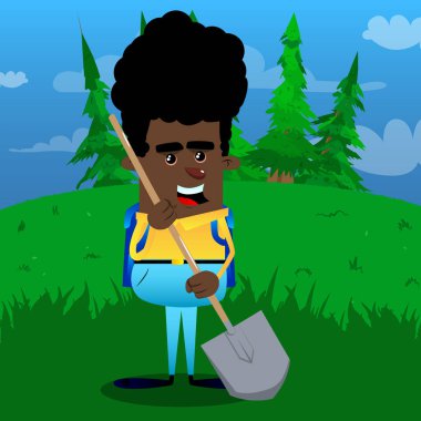 Bir kürek tutan okul çocuğu. Vektör çizgi film karakteri çizim.