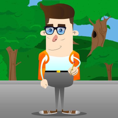 Kalemle yazma okul çocuğu. Vektör çizgi film karakteri çizim.