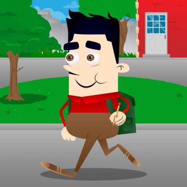 Kalemle yazma okul çocuğu. Vektör çizgi film karakteri çizim.