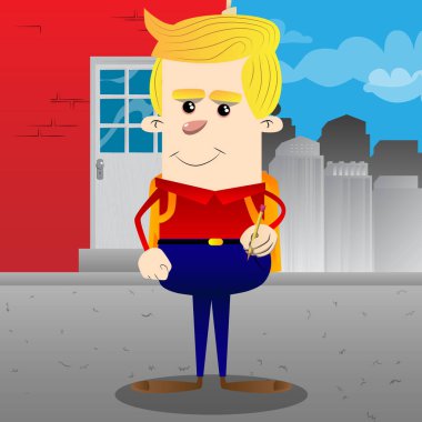 Kalemle yazma okul çocuğu. Vektör çizgi film karakteri çizim.