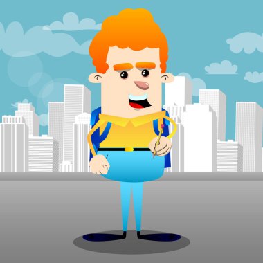 Kalemle yazma okul çocuğu. Vektör çizgi film karakteri çizim.