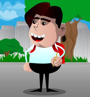 Kalemle yazma okul çocuğu. Vektör çizgi film karakteri çizim.