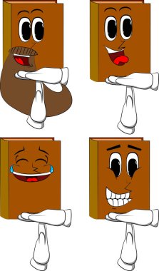 Zaman aşımı kitaplarla jest ver. Karikatür kitap koleksiyonu ile mutlu yüzler. İfadeler kümesi vektör.