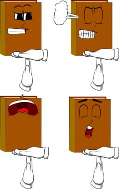 Zaman aşımı kitaplarla jest ver. Kızgın ve üzgün yüzlerle karikatür kitap koleksiyonu. İfadeler kümesi vektör.