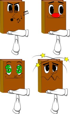 Zaman aşımı kitaplarla jest ver. Karikatür kitap koleksiyonu ile çeşitli yüzleri. İfadeler kümesi vektör.