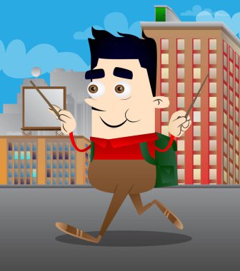 Okul çocuğu bir orkestra şefi gibi. Vektör çizgi film karakteri çizim.