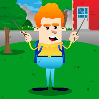 Okul çocuğu bir orkestra şefi gibi. Vektör çizgi film karakteri çizim.