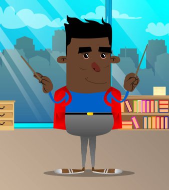 Okul çocuğu bir orkestra şefi gibi. Vektör çizgi film karakteri çizim.