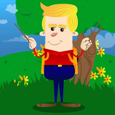 Okul çocuğu bir orkestra şefi gibi. Vektör çizgi film karakteri çizim.