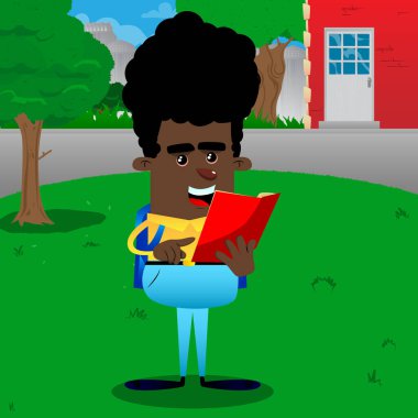 Okuma ve açık bir kitap işaret okul çocuğu. Vektör çizgi film karakteri çizim.