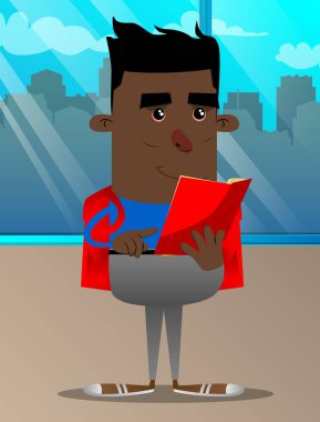 Okuma ve açık bir kitap işaret okul çocuğu. Vektör çizgi film karakteri çizim.