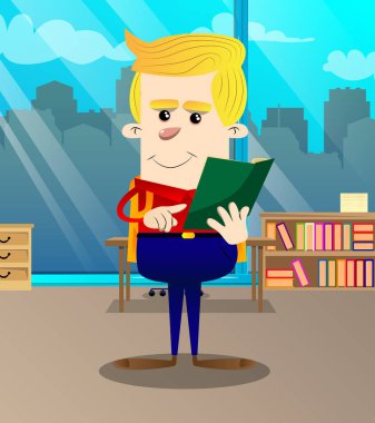 Okuma ve açık bir kitap işaret okul çocuğu. Vektör çizgi film karakteri çizim.