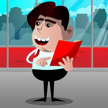 Okuma ve açık bir kitap işaret okul çocuğu. Vektör çizgi film karakteri çizim.