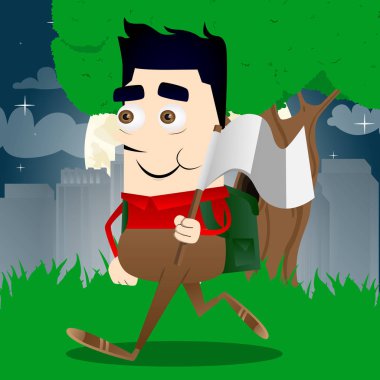 Okul çocuğu beyaz bayrak teslim tutar. Vektör çizgi film karakteri çizim.