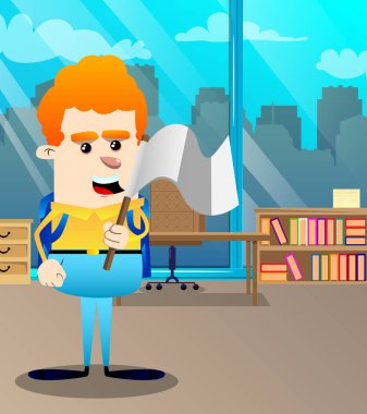 Okul çocuğu beyaz bayrak teslim tutar. Vektör çizgi film karakteri çizim.