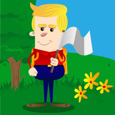 Okul çocuğu beyaz bayrak teslim tutar. Vektör çizgi film karakteri çizim.