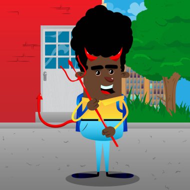 Dirgen ile okul çocuğu şeytan. Vektör çizgi film karakteri çizim.