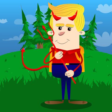 Dirgen ile okul çocuğu şeytan. Vektör çizgi film karakteri çizim.