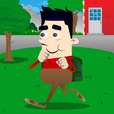 Yumruklarını önünde savaşmaya hazır tutan okul çocuğu. Vektör çizgi film karakteri çizim.