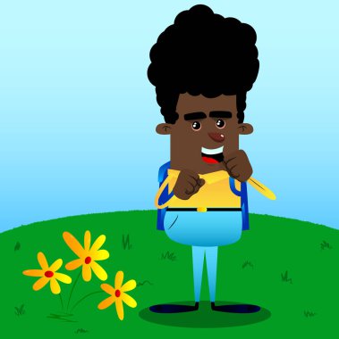 Yumruklarını önünde savaşmaya hazır tutan okul çocuğu. Vektör çizgi film karakteri çizim.