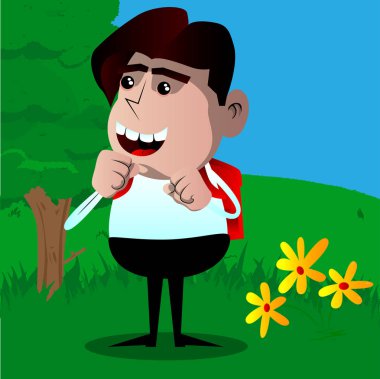 Yumruklarını önünde savaşmaya hazır tutan okul çocuğu. Vektör çizgi film karakteri çizim.