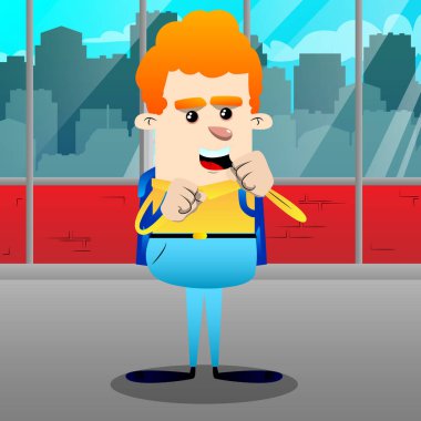 Yumruklarını önünde savaşmaya hazır tutan okul çocuğu. Vektör çizgi film karakteri çizim.