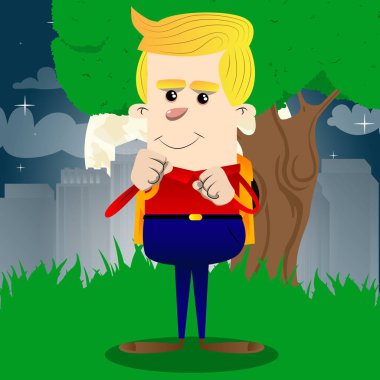 Yumruklarını önünde savaşmaya hazır tutan okul çocuğu. Vektör çizgi film karakteri çizim.