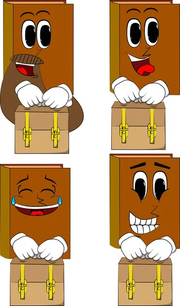 Bücher Mit Kleinem Koffer Zeichentrickbuch Sammlung Mit Glücklichen Gesichtern Ausdrucksvektorsatz — Stockvektor