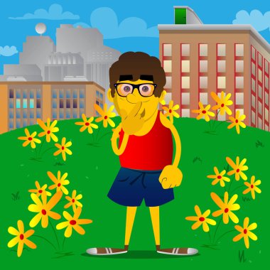 Sarı adam ağzının parmak açık tutarak. Vektör karikatür çizim.