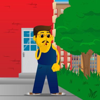 Sarı adam ağzının parmak açık tutarak. Vektör karikatür çizim.