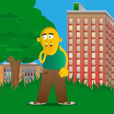 Sarı adam ağzının parmak açık tutarak. Vektör karikatür çizim.