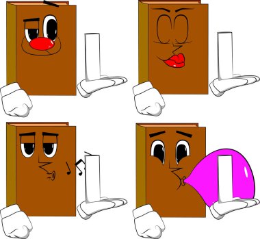 Beyaz uzun kutu tutan kitaplar. Karikatür kitap koleksiyonu ile çeşitli yüzleri. İfadeler kümesi vektör.