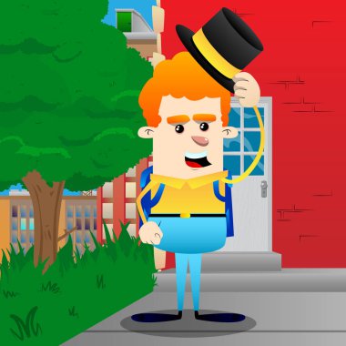 Şapkasını devrilme okul çocuğu. Vektör çizgi film karakteri çizim.