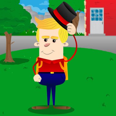 Şapkasını devrilme okul çocuğu. Vektör çizgi film karakteri çizim.