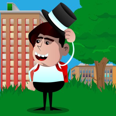 Şapkasını devrilme okul çocuğu. Vektör çizgi film karakteri çizim.