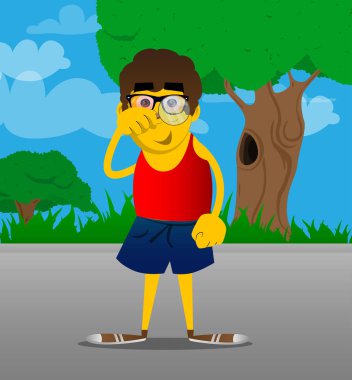 Büyüteç tutarak sarı adam. Vektör karikatür çizim.