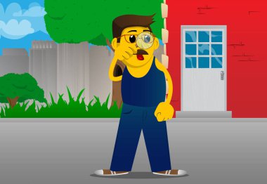 Büyüteç tutarak sarı adam. Vektör karikatür çizim.