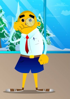 Büyüteç tutarak sarı adam. Vektör karikatür çizim.