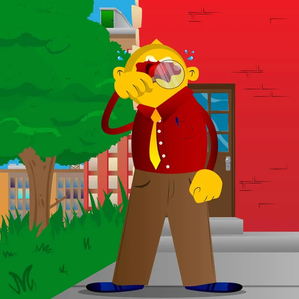 Büyüteç tutarak sarı adam. Vektör karikatür çizim.