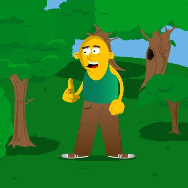 Görüntüleyiciyi eliyle işaret sarı adam. Vektör karikatür çizim.