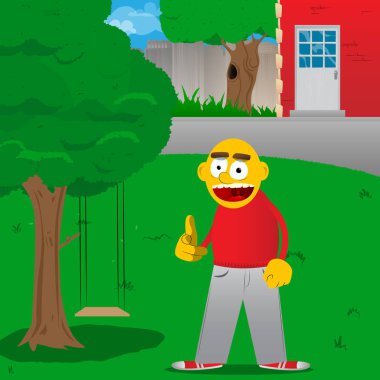 Görüntüleyiciyi eliyle işaret sarı adam. Vektör karikatür çizim.