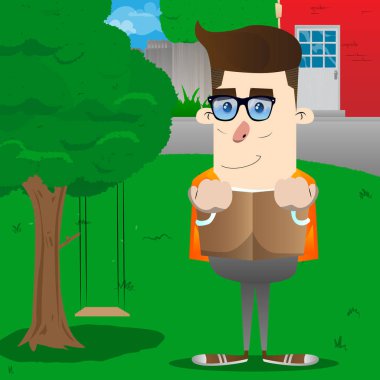 Öğrenci kitap okuma ve arkasında saklanıyor. Vektör çizgi film karakteri çizim.