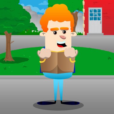 Öğrenci kitap okuma ve arkasında saklanıyor. Vektör çizgi film karakteri çizim.