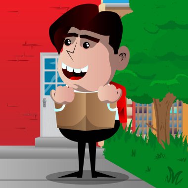 Öğrenci kitap okuma ve arkasında saklanıyor. Vektör çizgi film karakteri çizim.