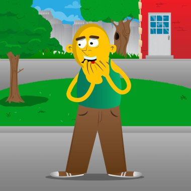 Elleri ağız üzerinde sarı adam. Vektör karikatür çizim.