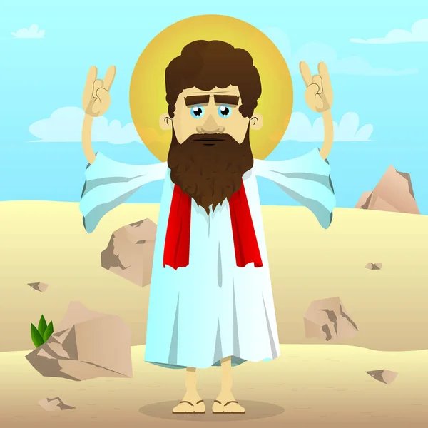 Vektor Illustrierte Cartoon Jesus Mit Händen Rockerpose Der Wüste Stehend — Stockvektor