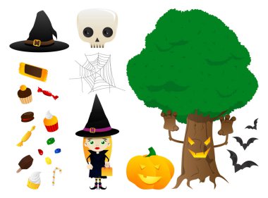 Vektör Cadılar Bayramı için canlı renkli karikatür tarzı ayarla. Bir kız ve beyaz arka plan üzerinde simgeler Illustration. Çocuk kostüm, canavar ağaç, spiderweb ve Cadılar Bayramı geleneksel diğer unsurları.
