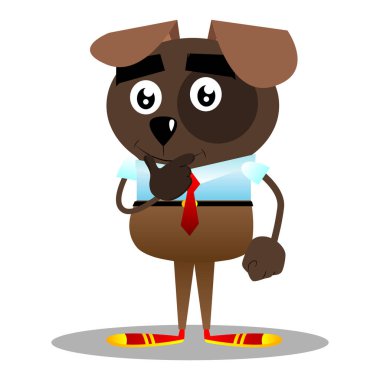 Karikatür vektör ağzını altında el ile iş köpek düşünme resimli.