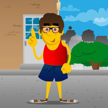 Bir şey anlatmaya sarı adam. Vektör karikatür çizim.