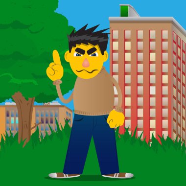 Bir şey anlatmaya sarı adam. Vektör karikatür çizim.